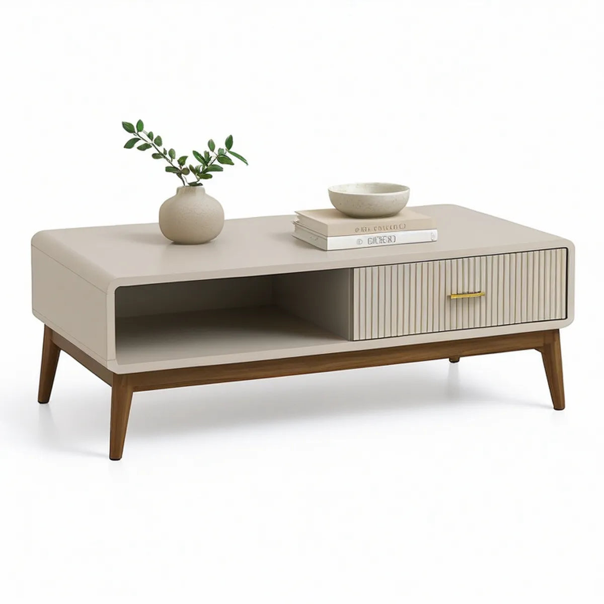 Rechteckiger Couchtisch aus MDF und Gummibaumholz, Beige/Braun/Gold, 100 x 50 x 45 cm, mit Schiebetür