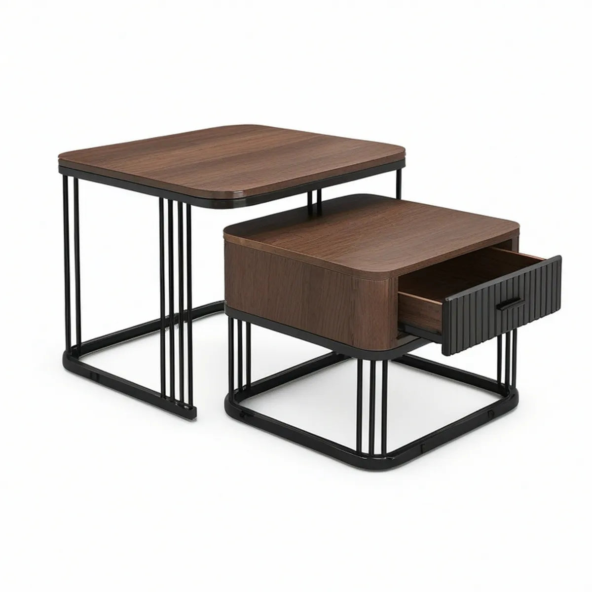 2-teiliges Couchtisch-Set mit Schublade, Walnussbraun/Schwarz, 70 x 50 x 45 cm und 60 x 40 x 60 cm