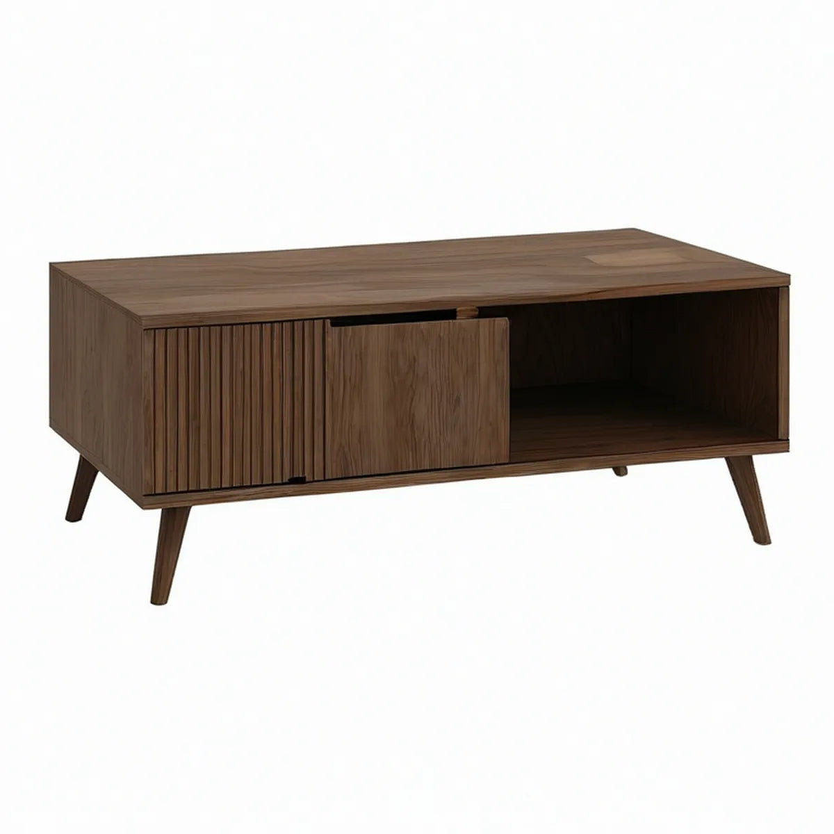 Couchtisch 120 x 60 x 45 cm mit Schiebetür und offenem Fach, MDF mit Nussbaumfurnier, Walnussbraun