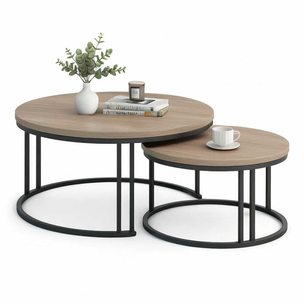2er-Set runde Couchtische in Eichenoptik Natur/Schwarz, Ø 80 × 45 cm und Ø 60 × 35 cm