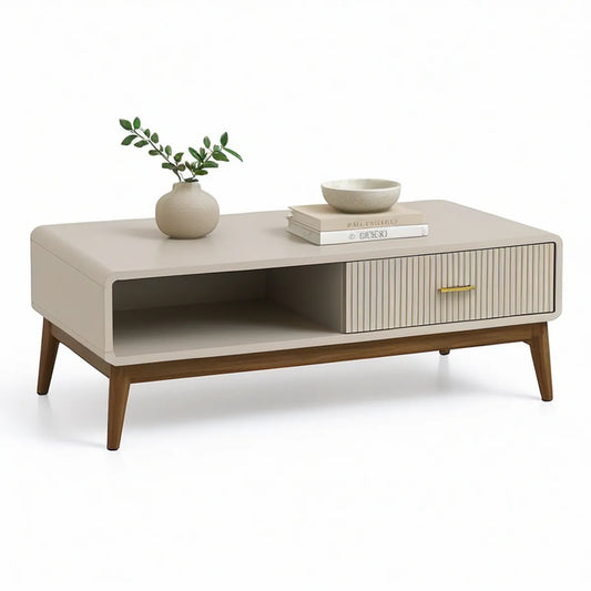 Rechteckiger Couchtisch aus MDF und Gummibaumholz, Beige/Braun/Gold, 100 x 50 x 45 cm, mit Schiebetür