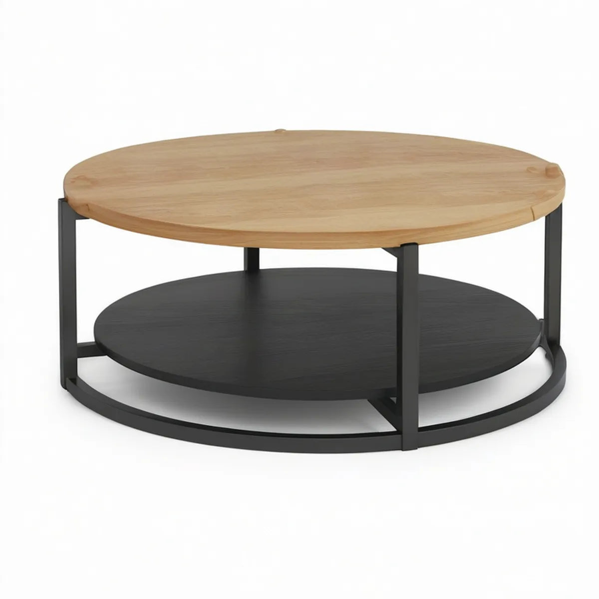 Runder Couchtisch Ø 80 cm, Höhe 45 cm, Gummibaumholz und Stahl, Natur/Schwarz