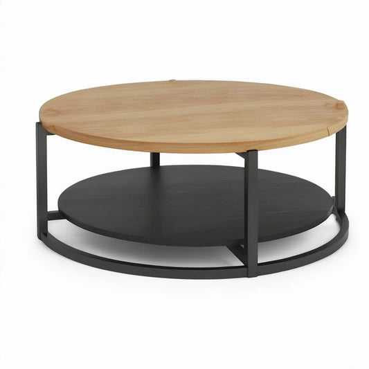 Runder Couchtisch Ø 80 cm, Höhe 45 cm, Gummibaumholz und Stahl, Natur/Schwarz