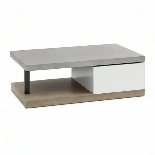 Couchtisch mit 2 Schubladen, 100 x 60 x 40 cm, Betonoptik, Eiche, Weiss und Schwarz