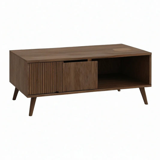 Couchtisch 120 x 60 x 45 cm mit Schiebetür und offenem Fach, MDF mit Nussbaumfurnier, Walnussbraun