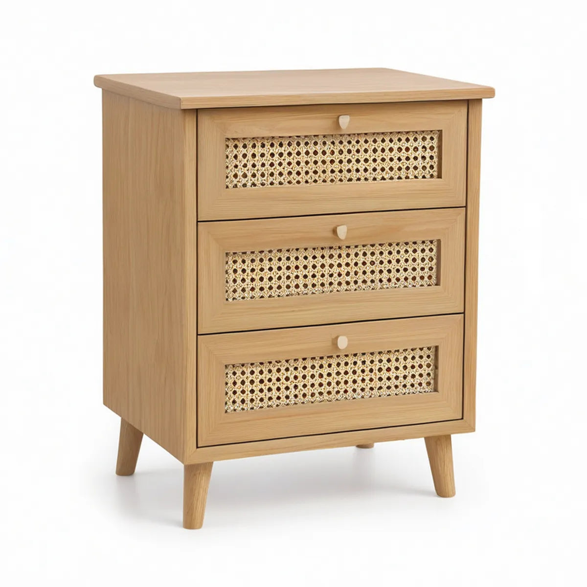 3 Schubladen aus MDF mit Eichenfurnier und Natur-Rattan, 45 x 35 x 65 cm, Natur-Eiche/Natur-Rattan