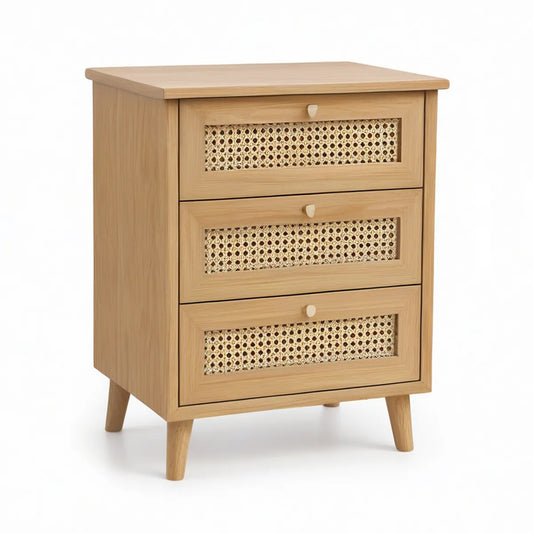 3 Schubladen aus MDF mit Eichenfurnier und Natur-Rattan, 45 x 35 x 65 cm, Natur-Eiche/Natur-Rattan