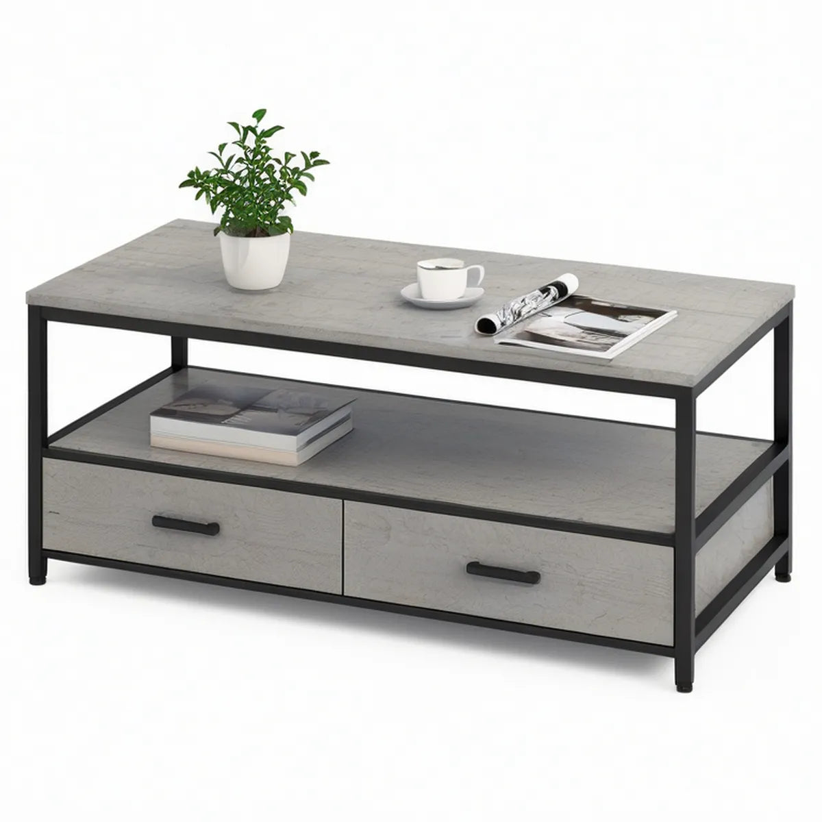 Rechteckiger Couchtisch mit 2 Schubladen und Ablage, 100 x 50 x 45 cm, Grau/Schwarz